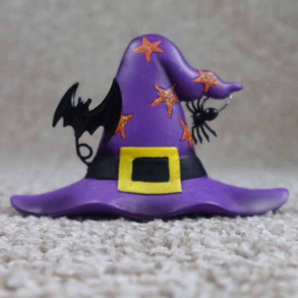 Purple Witch Hat Halloween Figurine Spider Bat Glitter Stars Decor